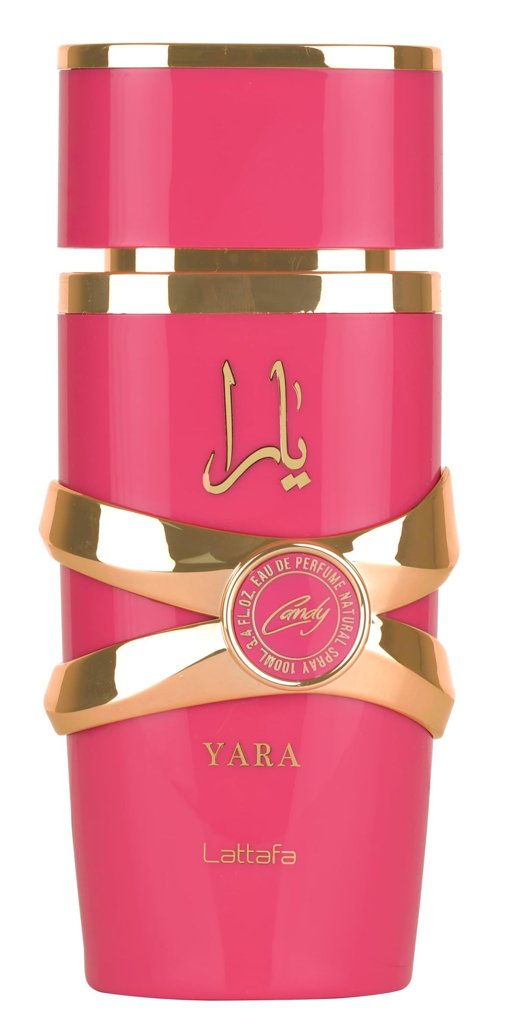 Lattafa Yara Candy frasco muestra notas frutales y vainilla para ocasiones especiales.