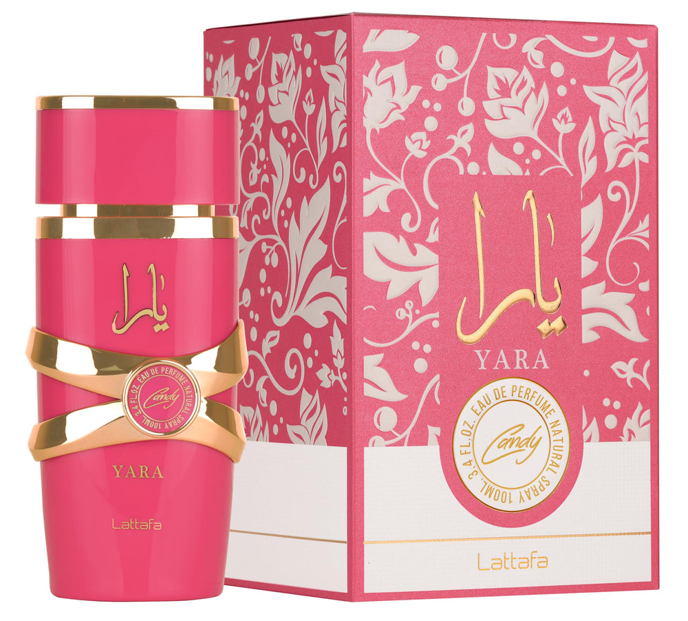 Lattafa Yara Candy notas-frutales, ideal para salidas vespertinas con un toque dulce.