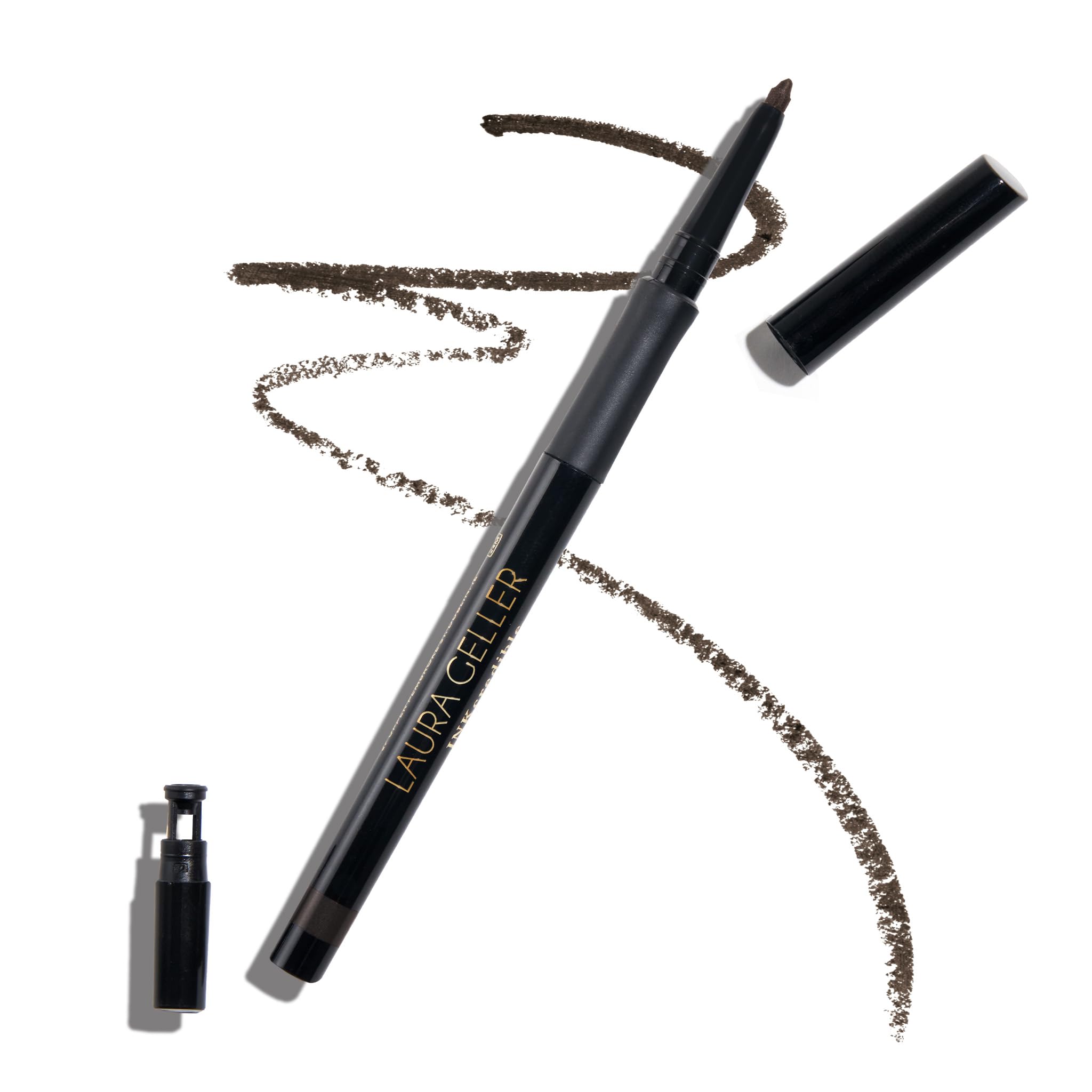 Laura Geller Inkcredible Gel Eyeliner Brown Sugar para delineado fino y preciso.