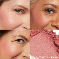 Laura Geller Isla Estrella de Mar blush, textura cremosa, fácil de difuminar para un rubor uniforme.