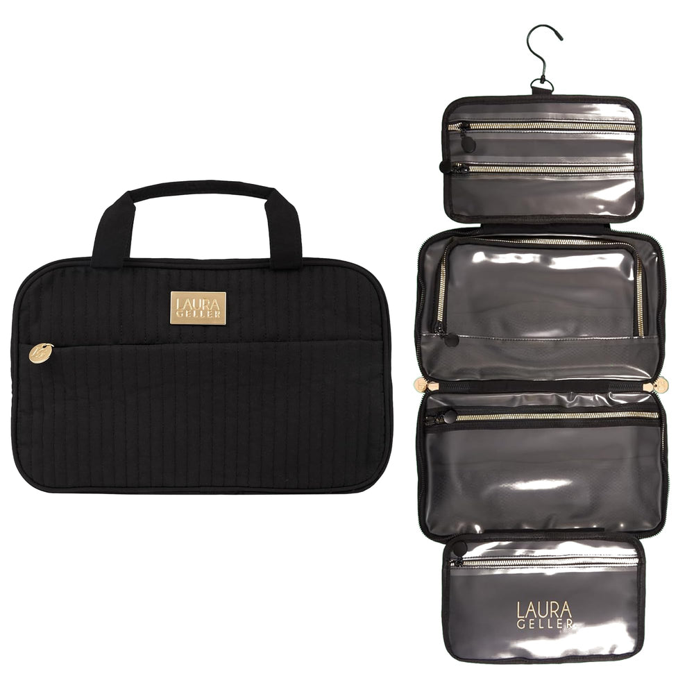 Anse suspendue pratique sur le sac maquillage pliable Laura Geller New York, rangement rapide.