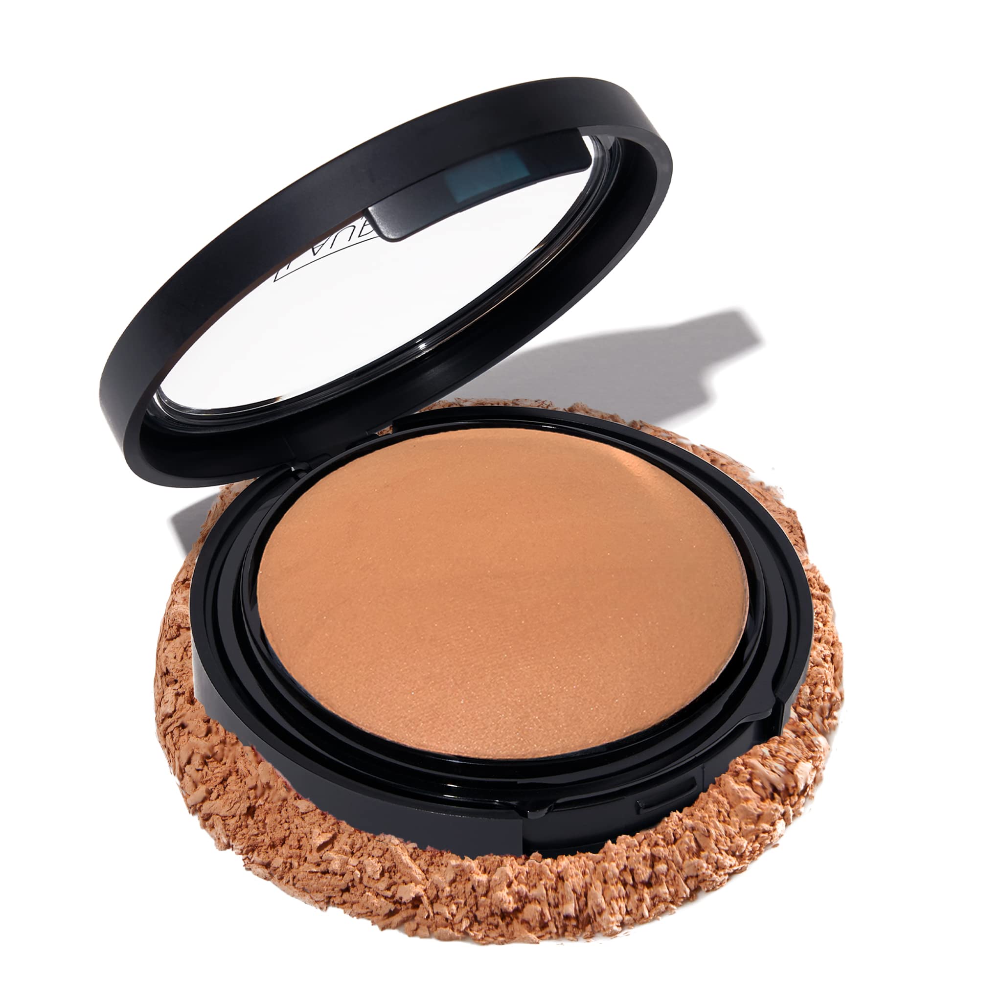 Envase de Laura Geller New York Baked Double Take Sand muestra cobertura duradera.