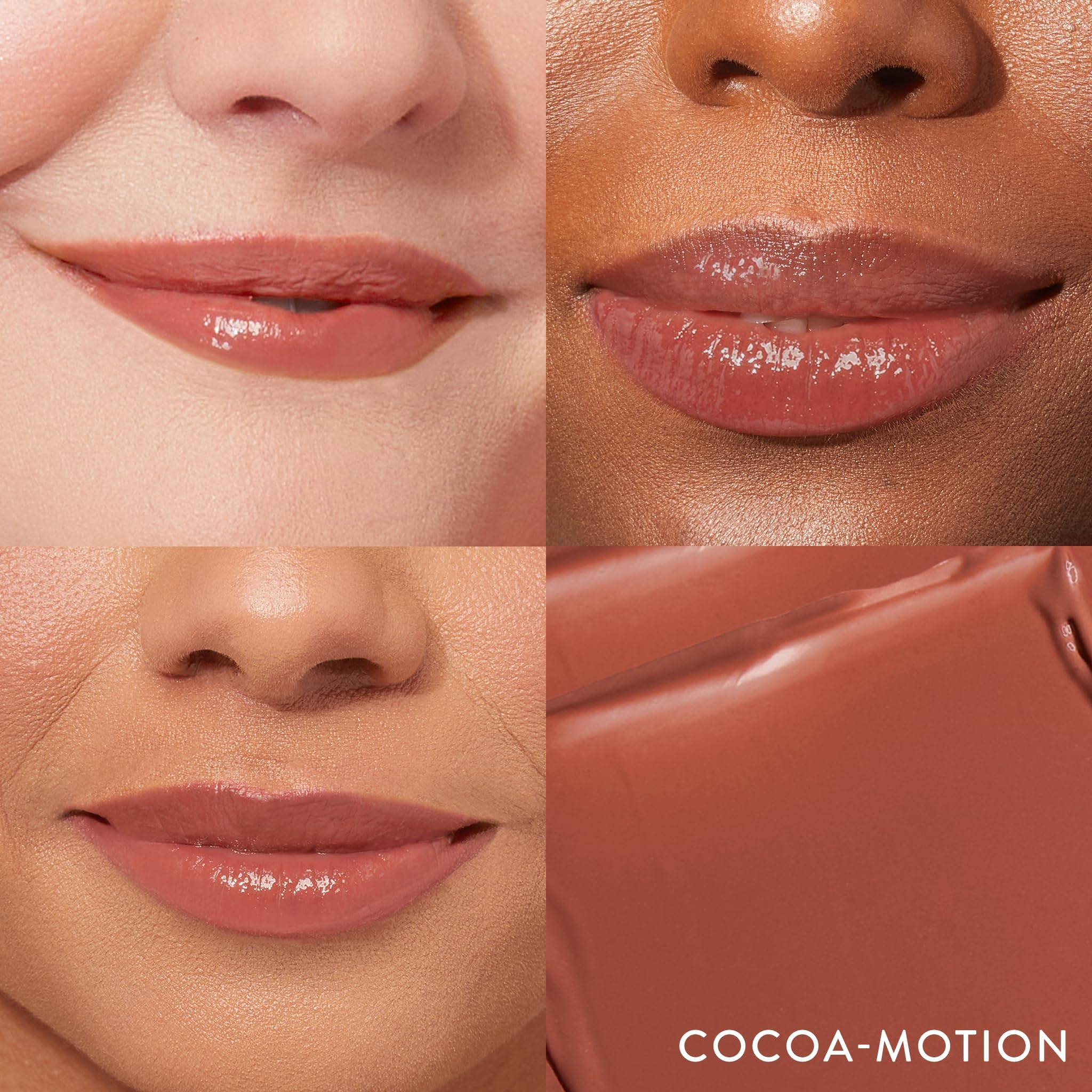 Laura Geller New York Jelly Balm swatch lèvres – Cocoa-Motion visible.