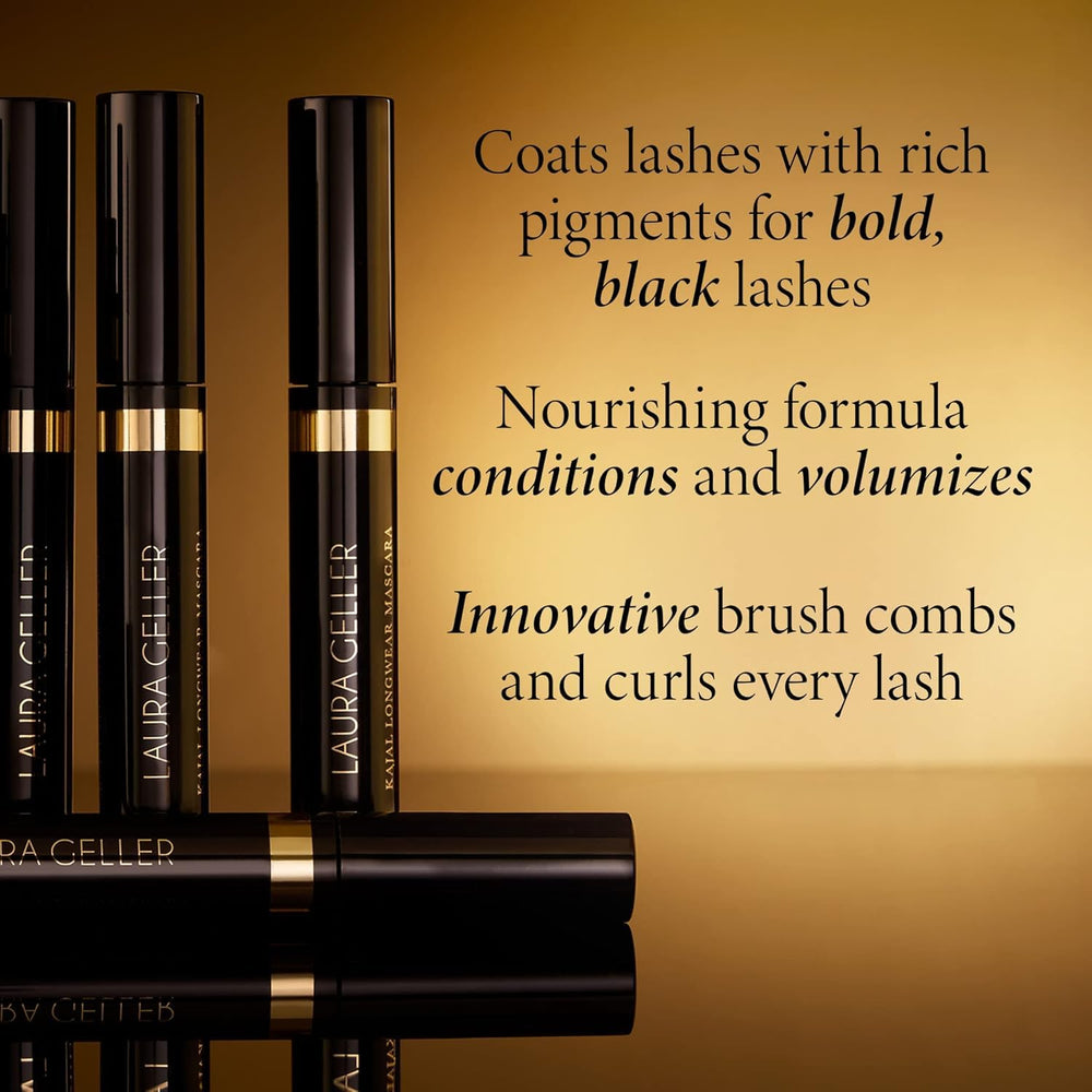 Laura Geller New York Mascara Kajal Larga Duración define pestañas con volumen notable.