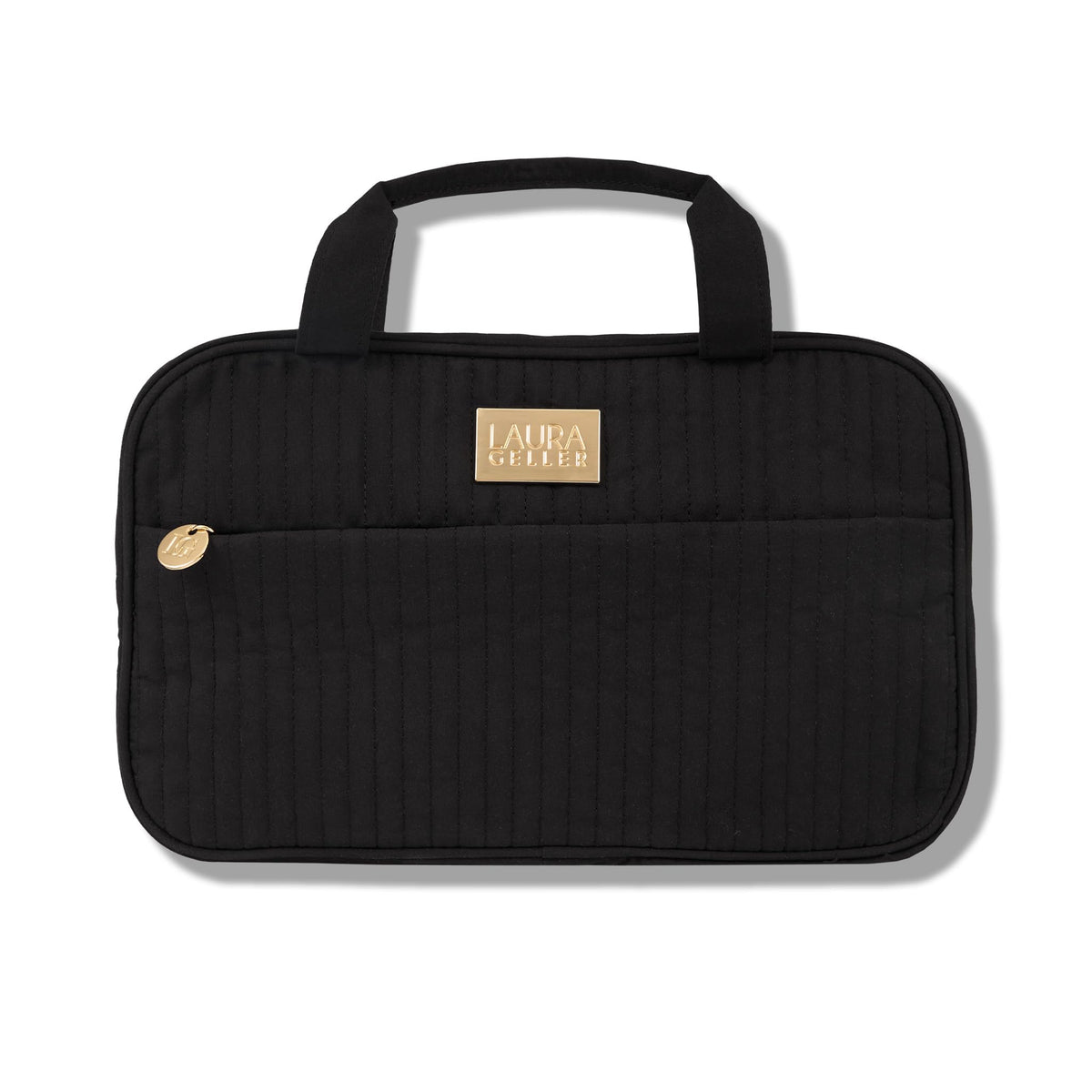 Sac maquillage pliable noir Laura Geller New York, idéal pour voyager et tout garder en ordre.