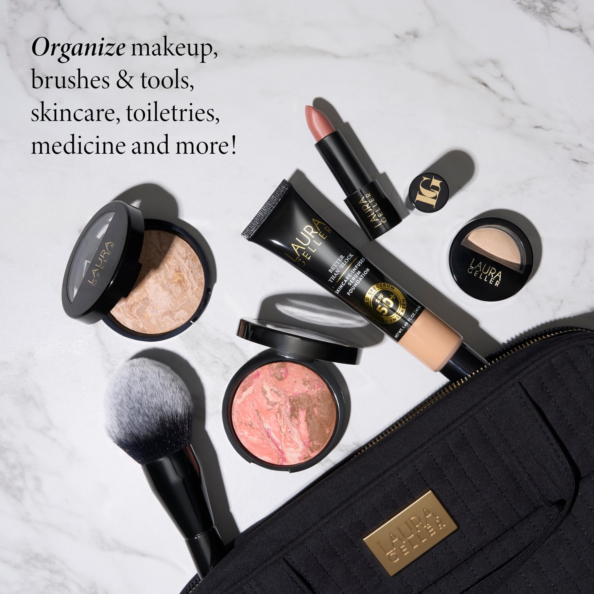 Tissu résistant à l'eau et aux taches sur sac maquillage pliable Laura Geller New York.