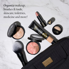 Tissu résistant à l'eau et aux taches sur sac maquillage pliable Laura Geller New York.