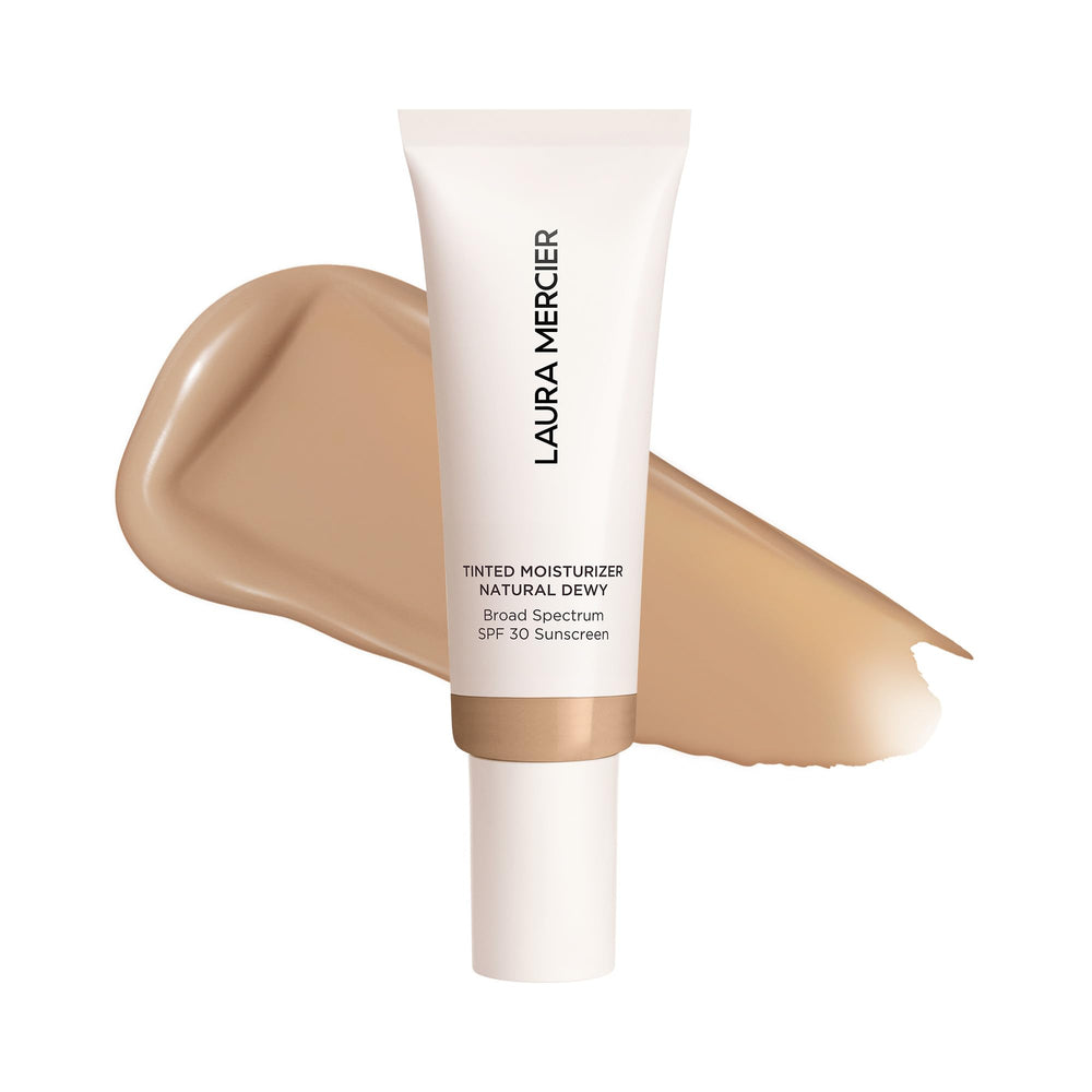 Laura Mercier hidratante tintado, botella visible, hidratación duradera.