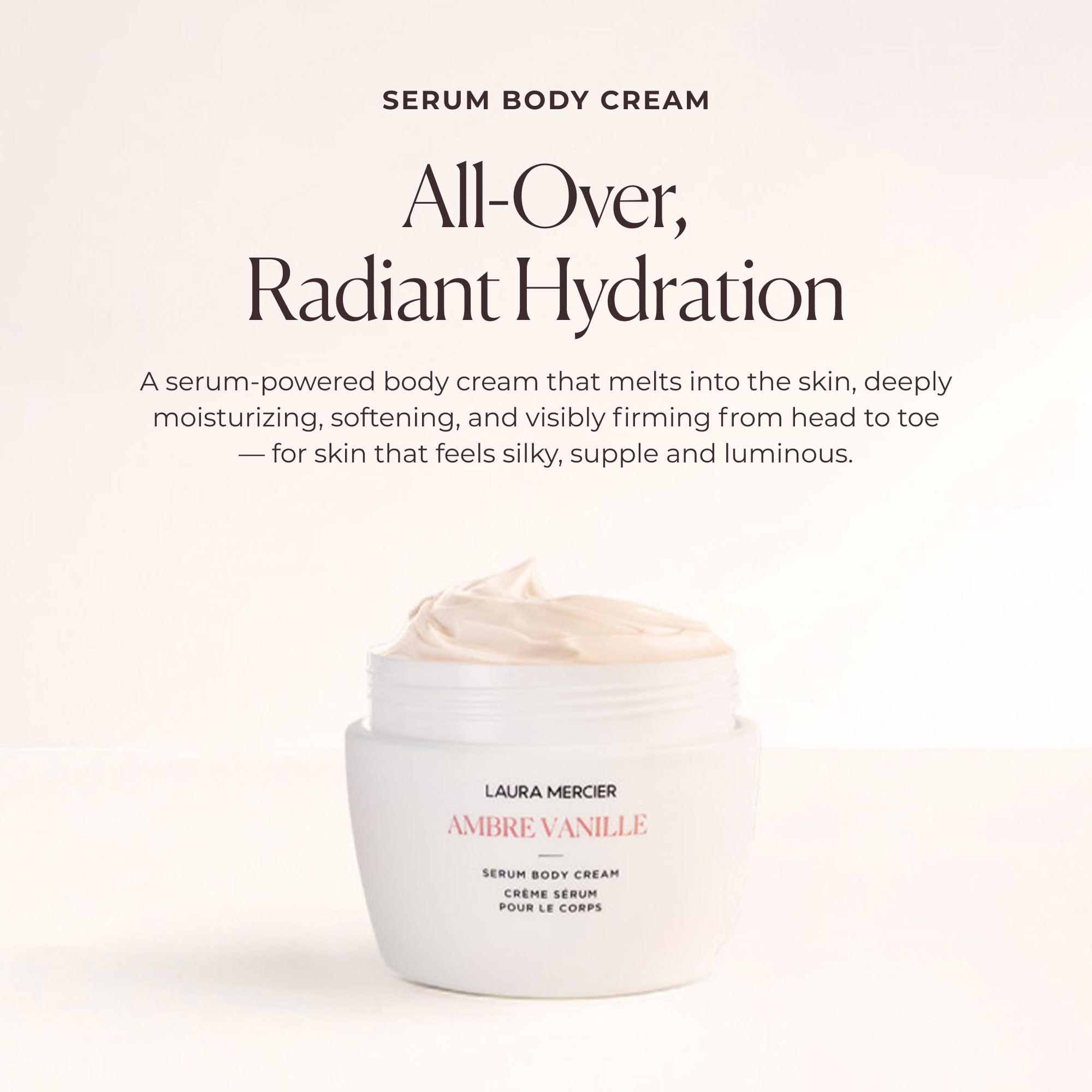 Laura Mercier Serum Body Cream con aplicación manual para hidratación rápida.