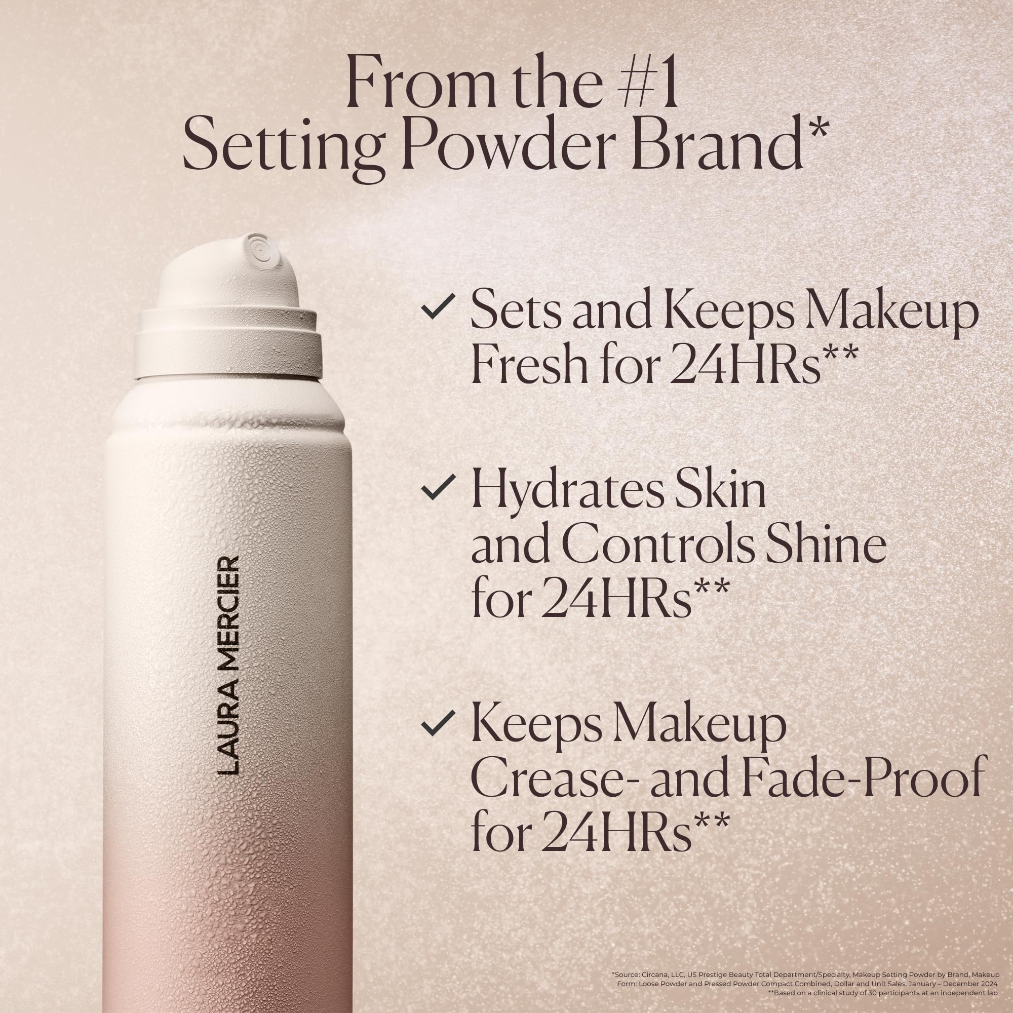 Laura Mercier spray fijador combate brillo durante 24 horas sin sensación pesada.