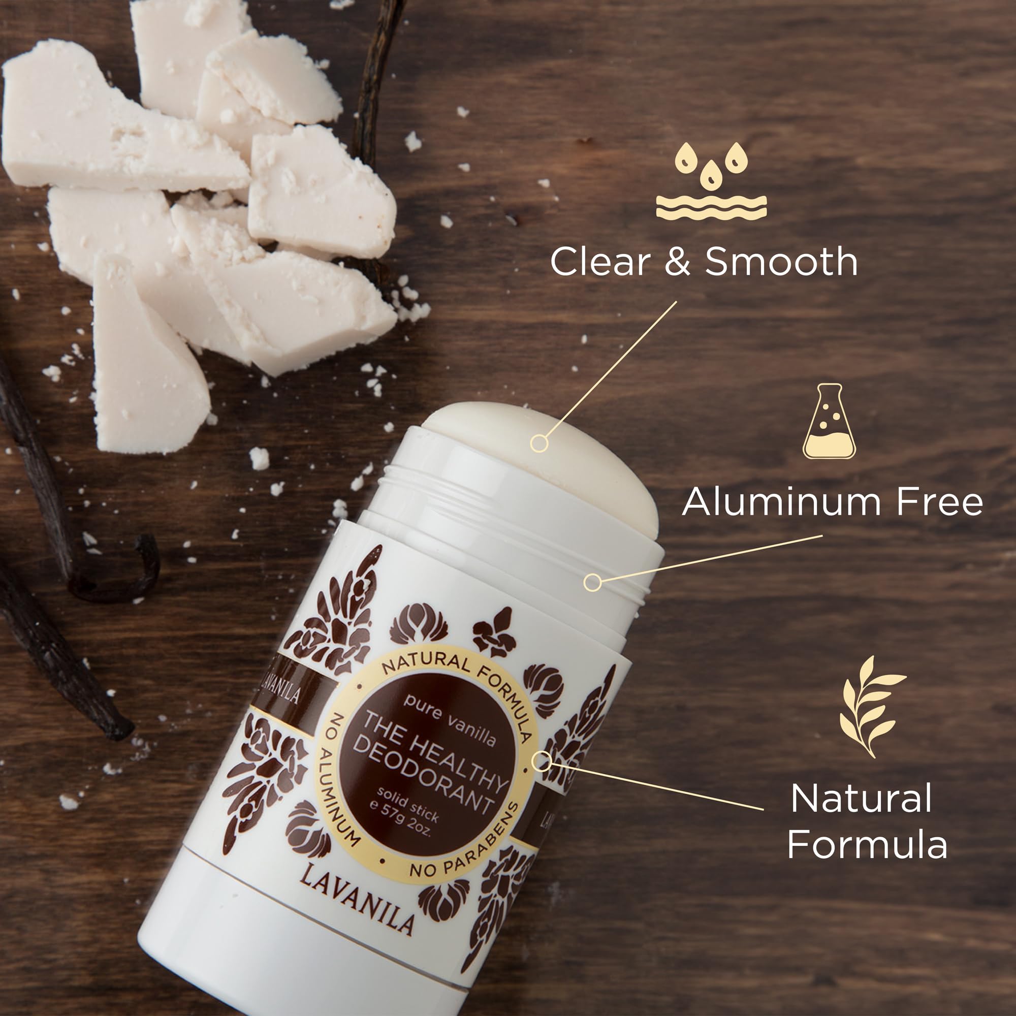 Lavanila desodorante caja externa: empaque elegante que resalta la pureza de ingredientes naturales.