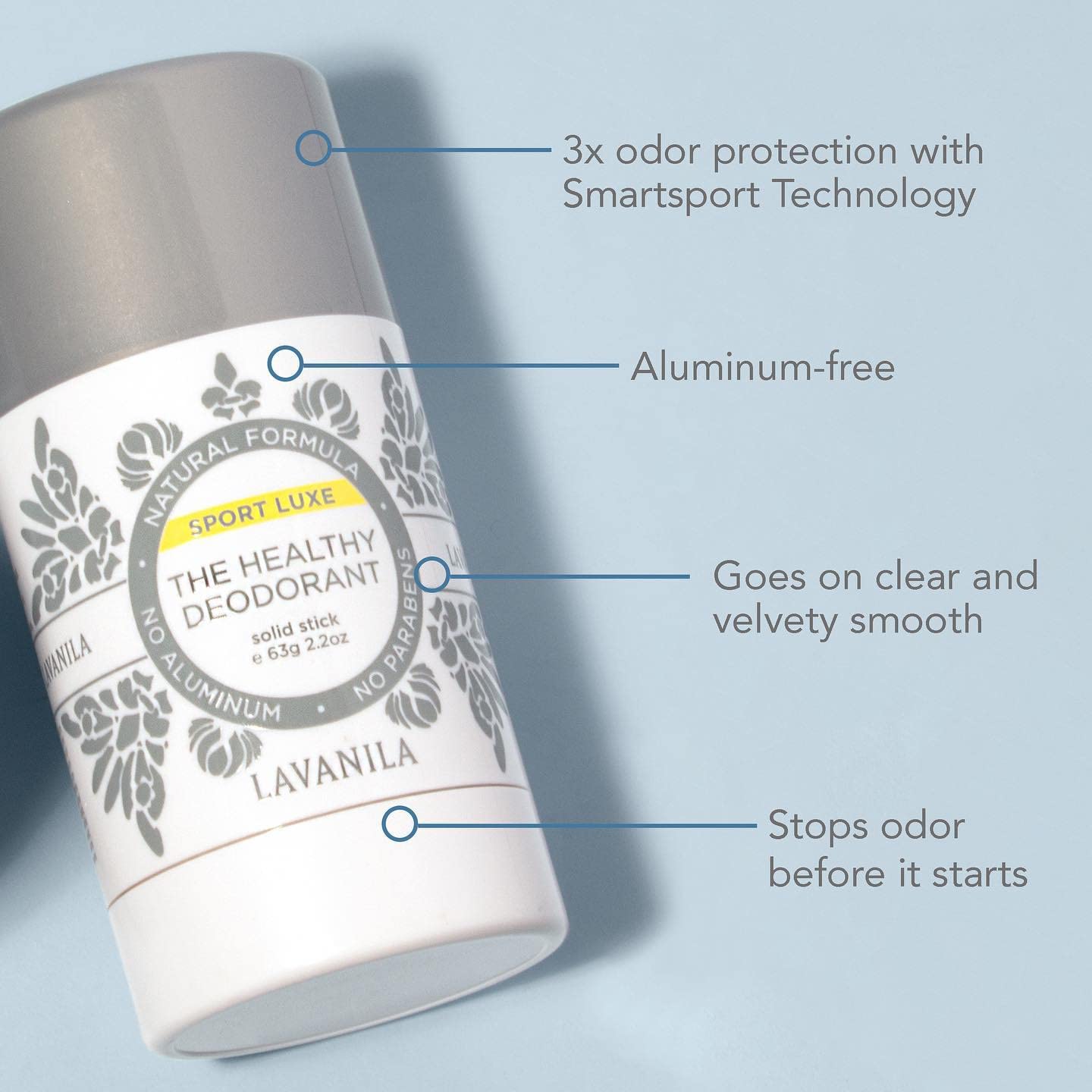 Lavanila Sport Luxe deodorant with fresh scent ideal for daily use.