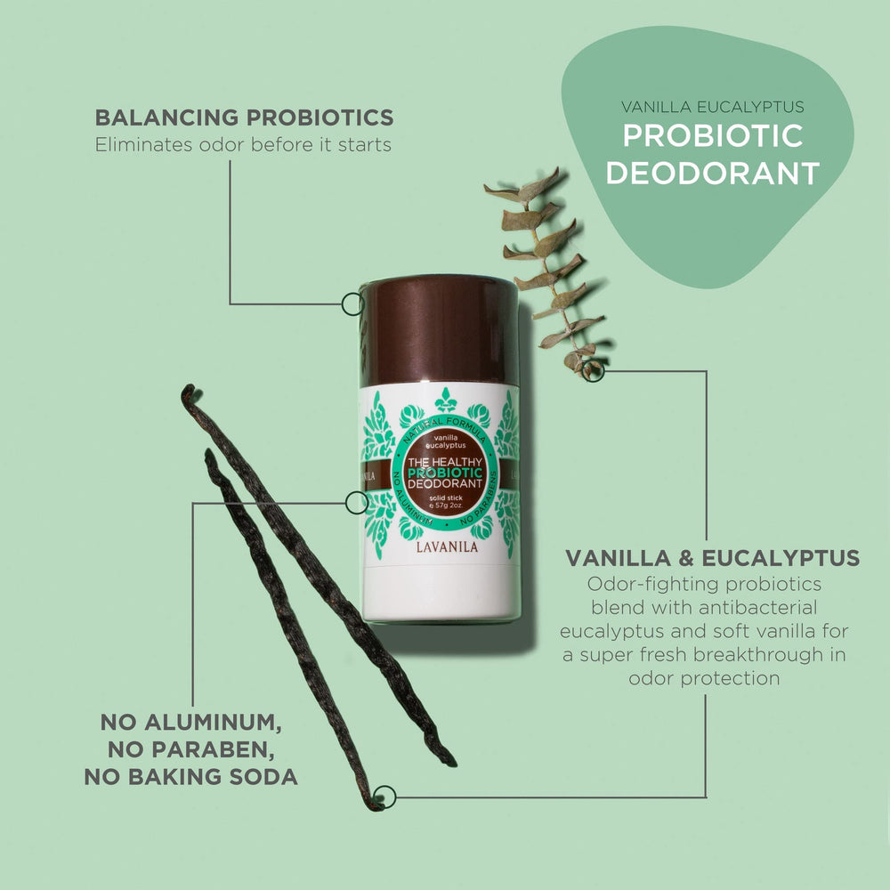 Desodorante Lavanila Vanilla Eucalipto en barra uso diario, textura suave.