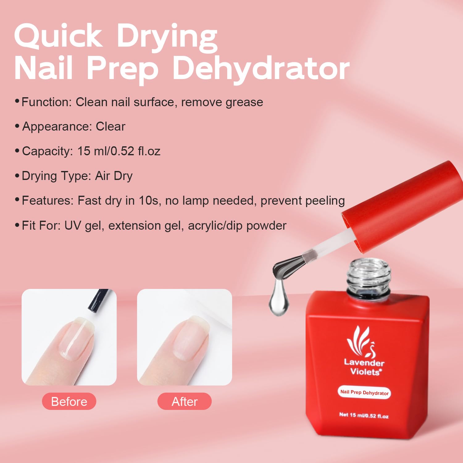 Lavender Violets deshidratador uñas, aplicación con pincel para cobertura uniforme