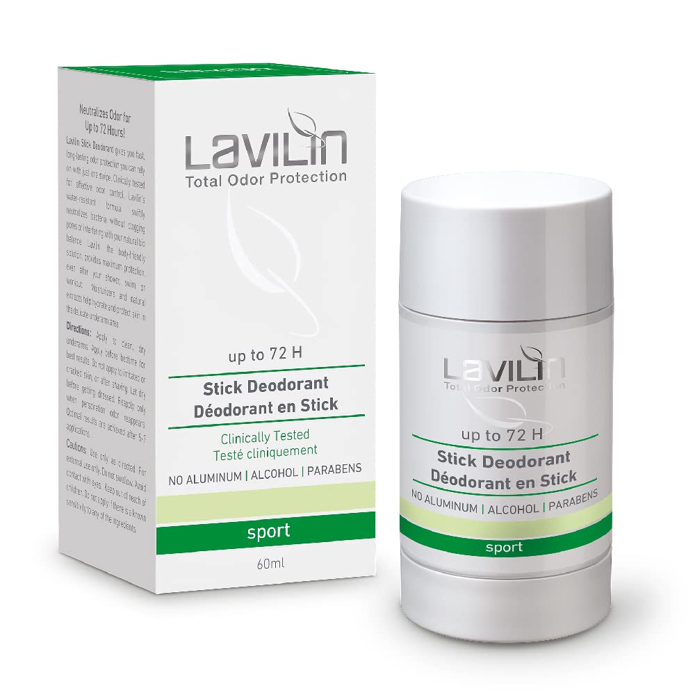 Lavilin desodorante sin aluminio en empaque compacto para viaje, frescura prolongada.