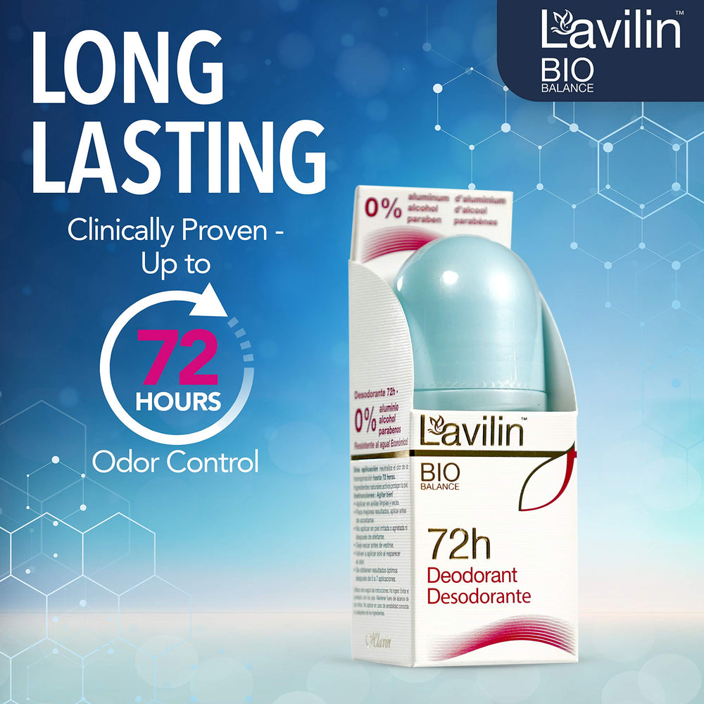 Desodorante Lavilin Roll-On resistente al agua, ideal para entrenamientos.