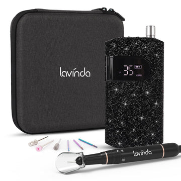 Lavinda broca eléctrica con cristales negros, diseño elegante y precisión.