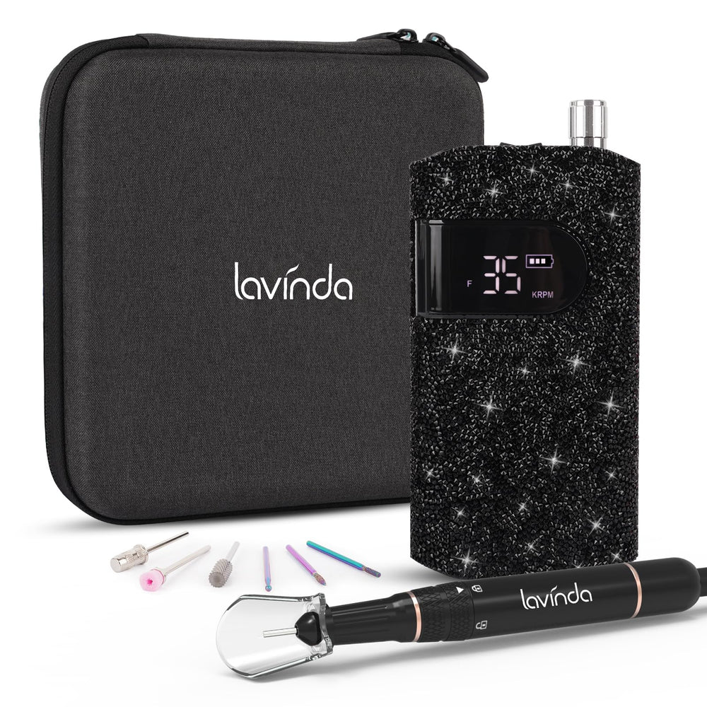Lavinda broca eléctrica con cristales negros, diseño elegante y precisión.