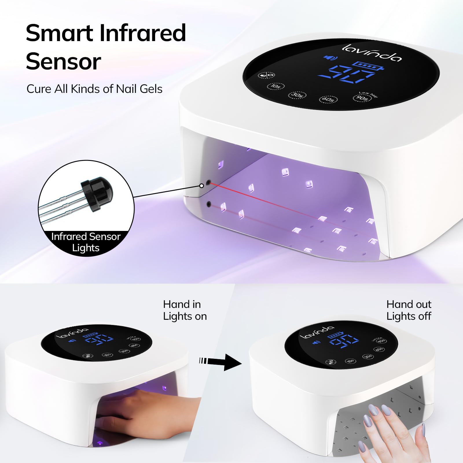 Lavinda lampara UV-LED con espacio amplio para cinco uñas, mani y pedi eficientes
