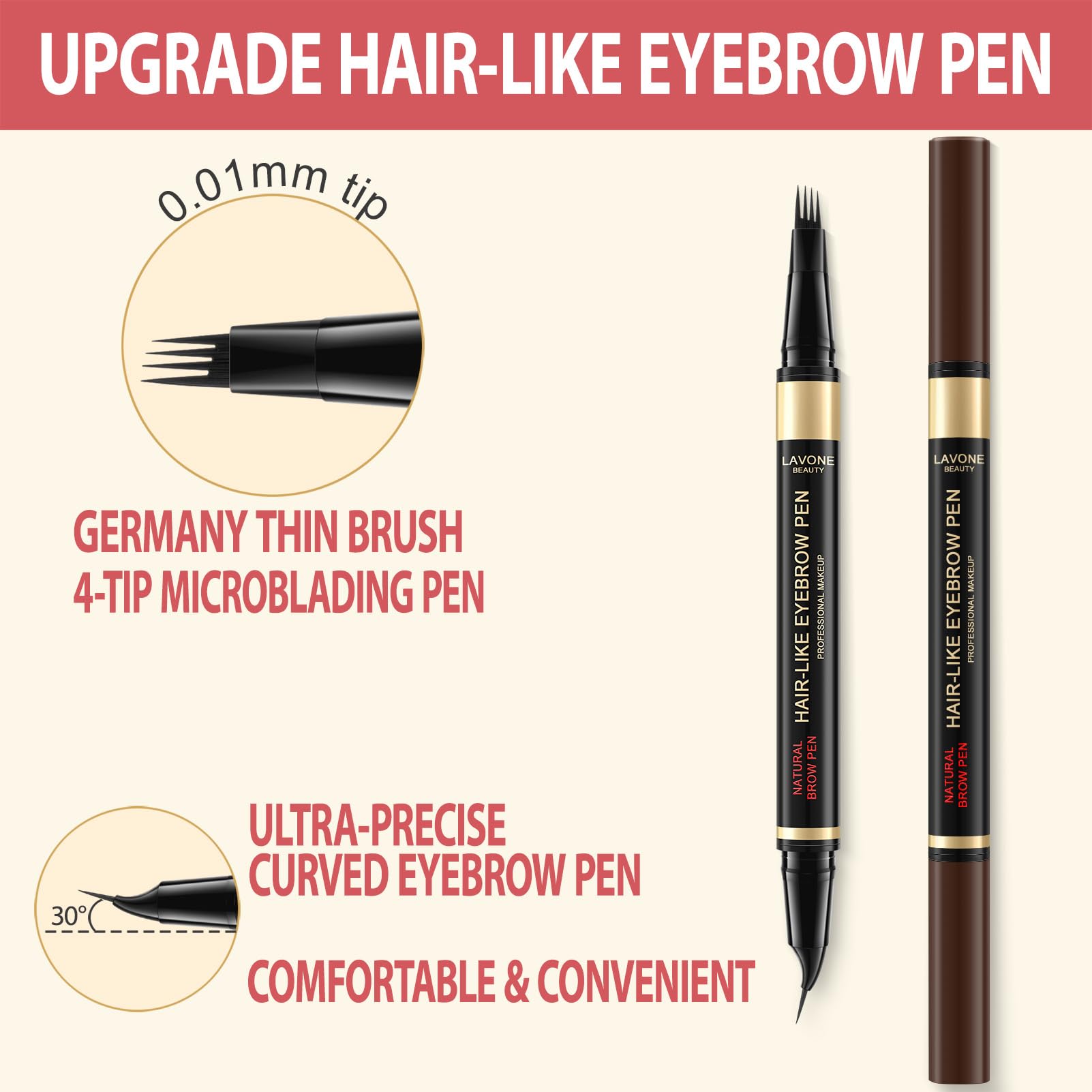 LAVONE Eyebrow Pen curved tip defines brows with precision and control.