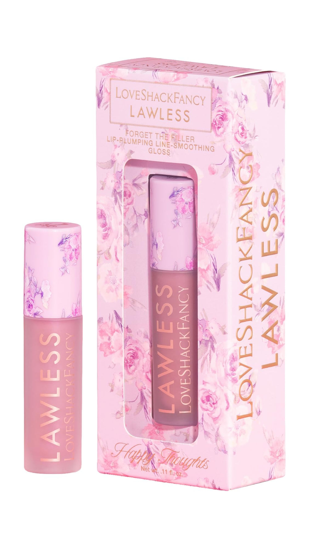 Lawless brillos labiales rosados ofrecen empaque elegante para uso diario.