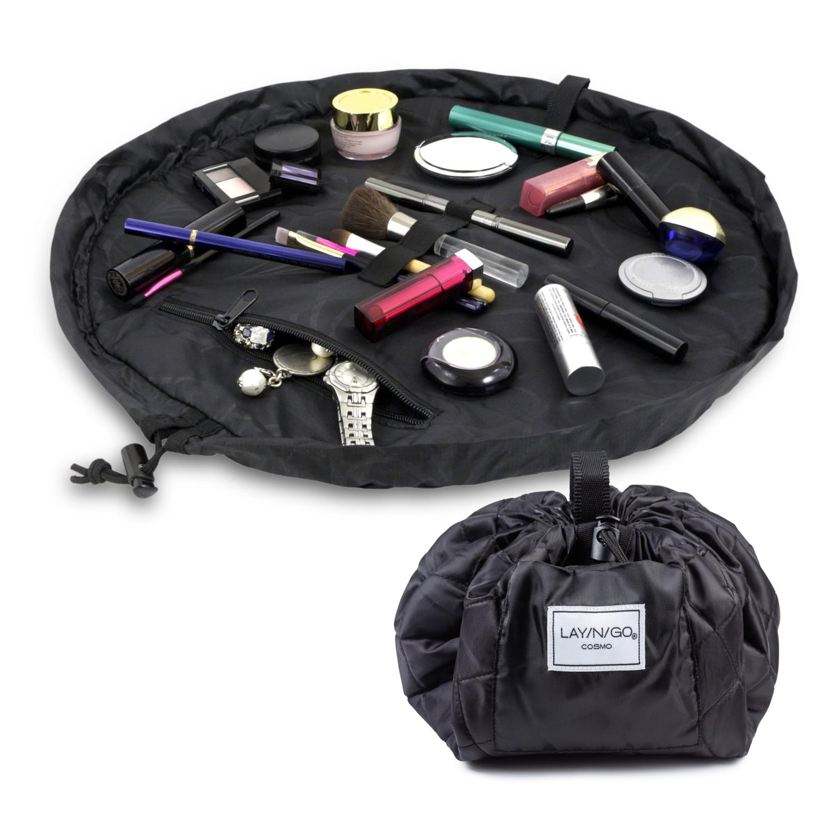 Lay-n-Go Cosmo bolsa maquillaje con cordon abierta para acceso rápido y orden