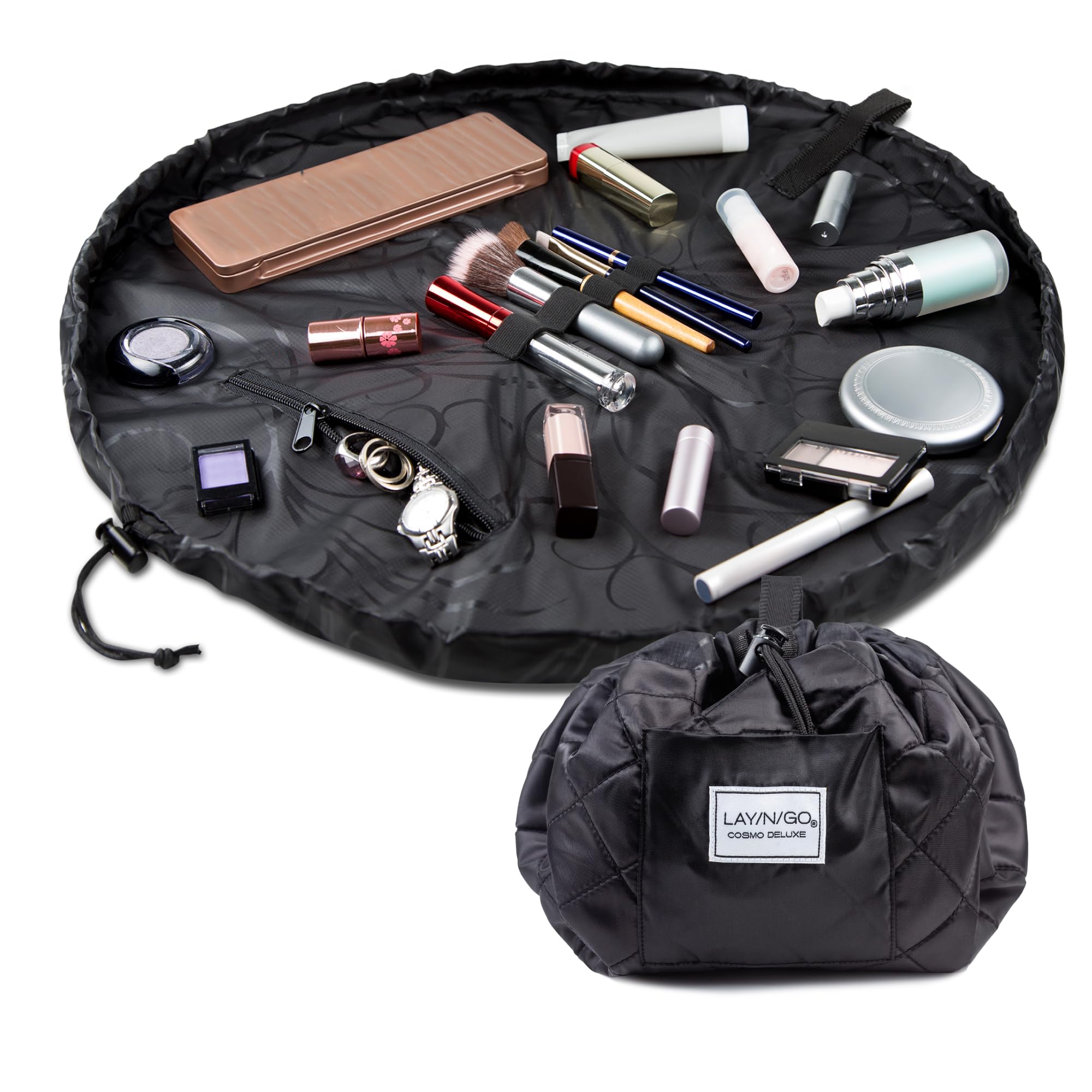 Lay-n-Go Cosmo: bolsa maquillajes desplegable para viaje, acceso rápido.