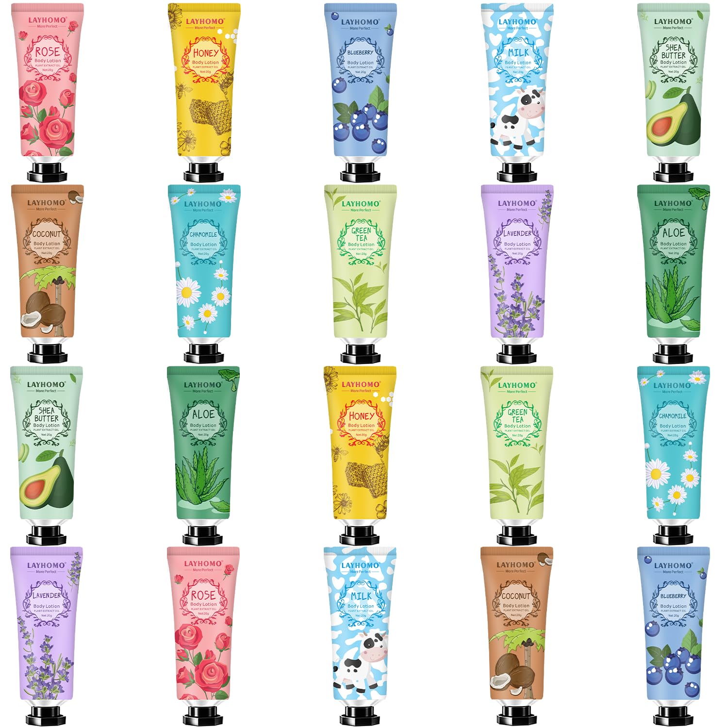 Layhomo 20-pack mini body lotion set with assorted fragrances for daily moisture.