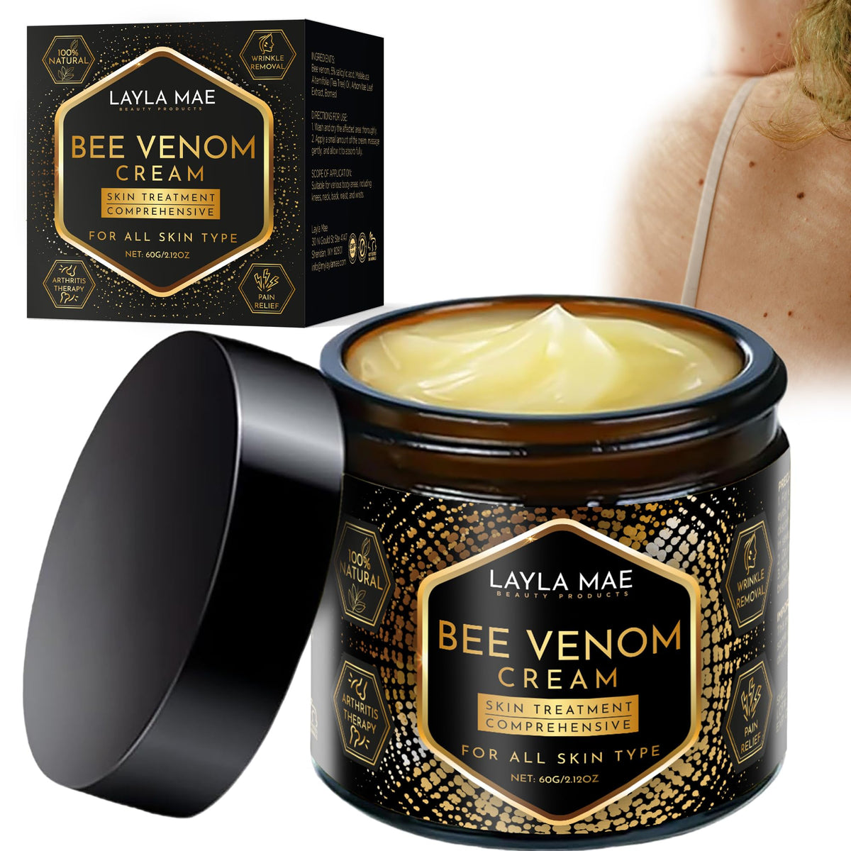 Layla Mae crema veneno de abeja para piel suave y revitalizada.