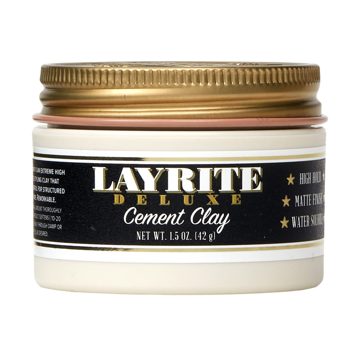 Layrite arcilla cemento de lujo en envase blanco, ideal para peinar todo el día
