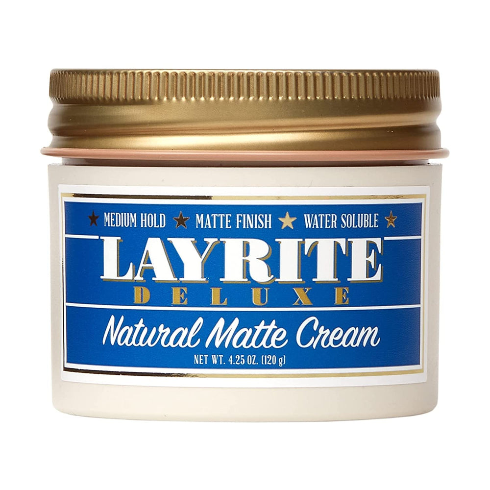 Layrite Natural Matte Cream, botella, textura suave y acabado mate duradero para el día
