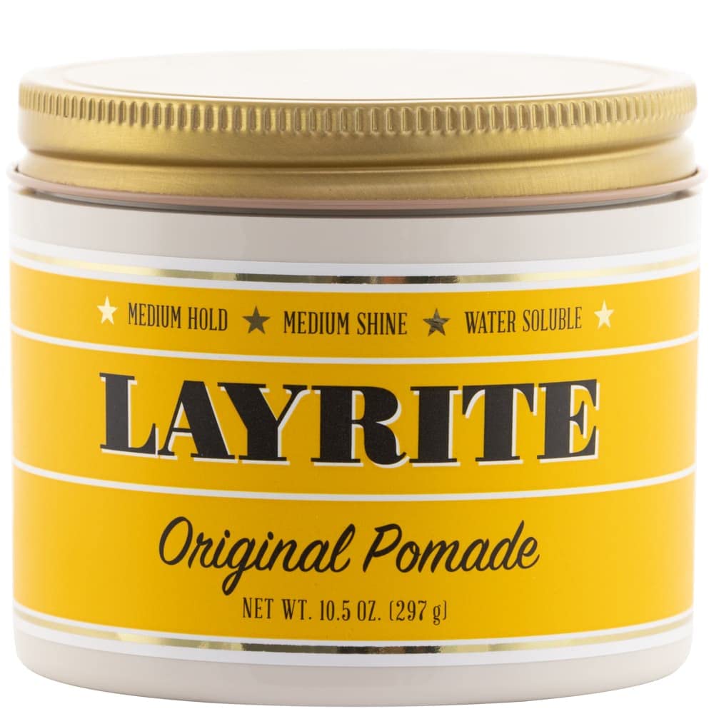 Layrite Original Pomada: bote cercano destacando consistencia para fijación duradera