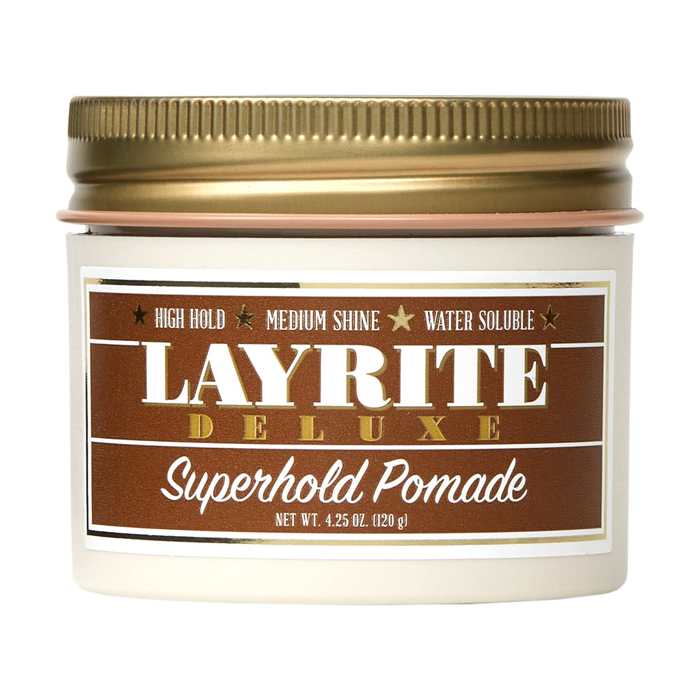 Layrite Superhold Pomada, botella naranja, control extra para estilos difíciles.