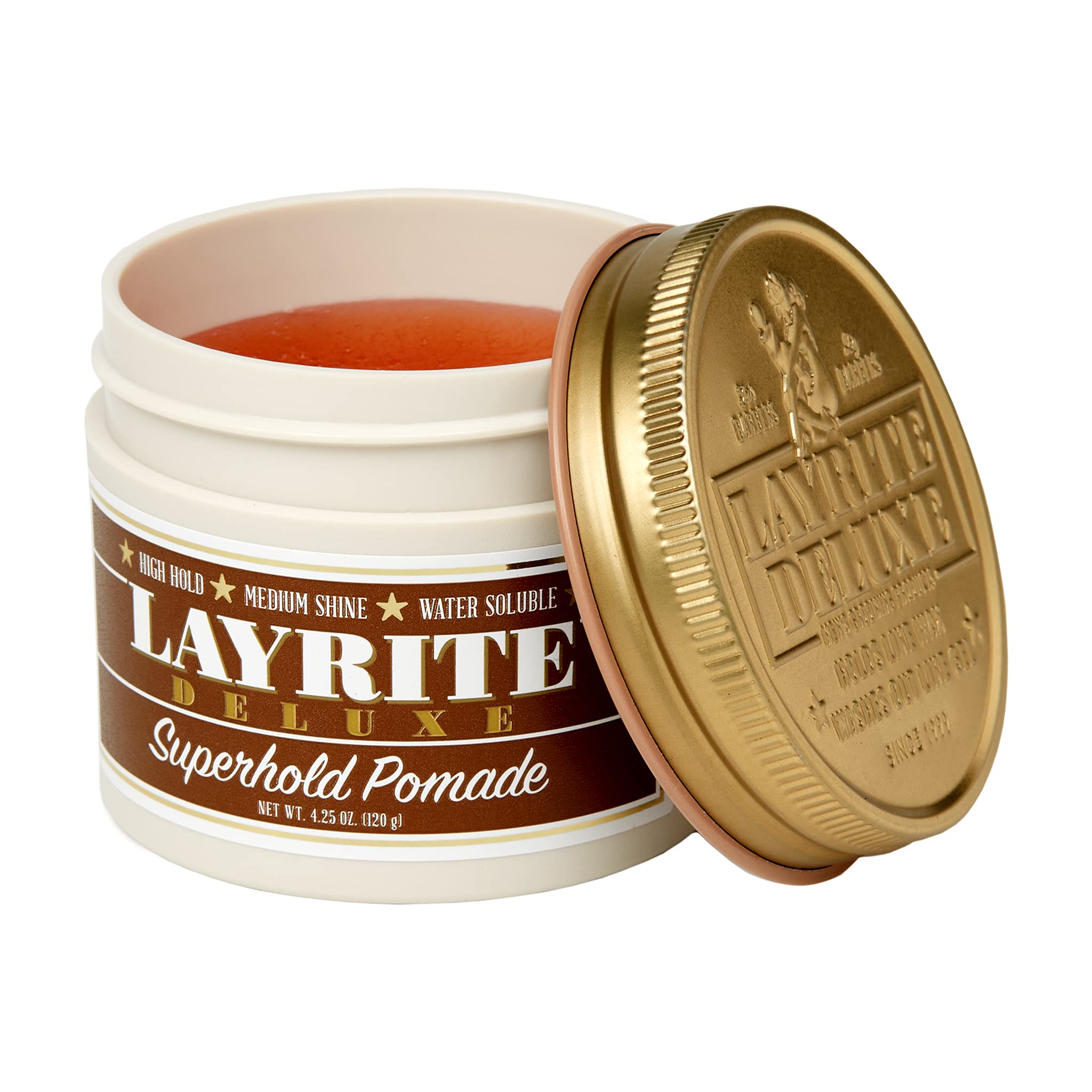 Layrite Superhold Pomada, detalle de envase, aplicación suave en cabellos gruesos.