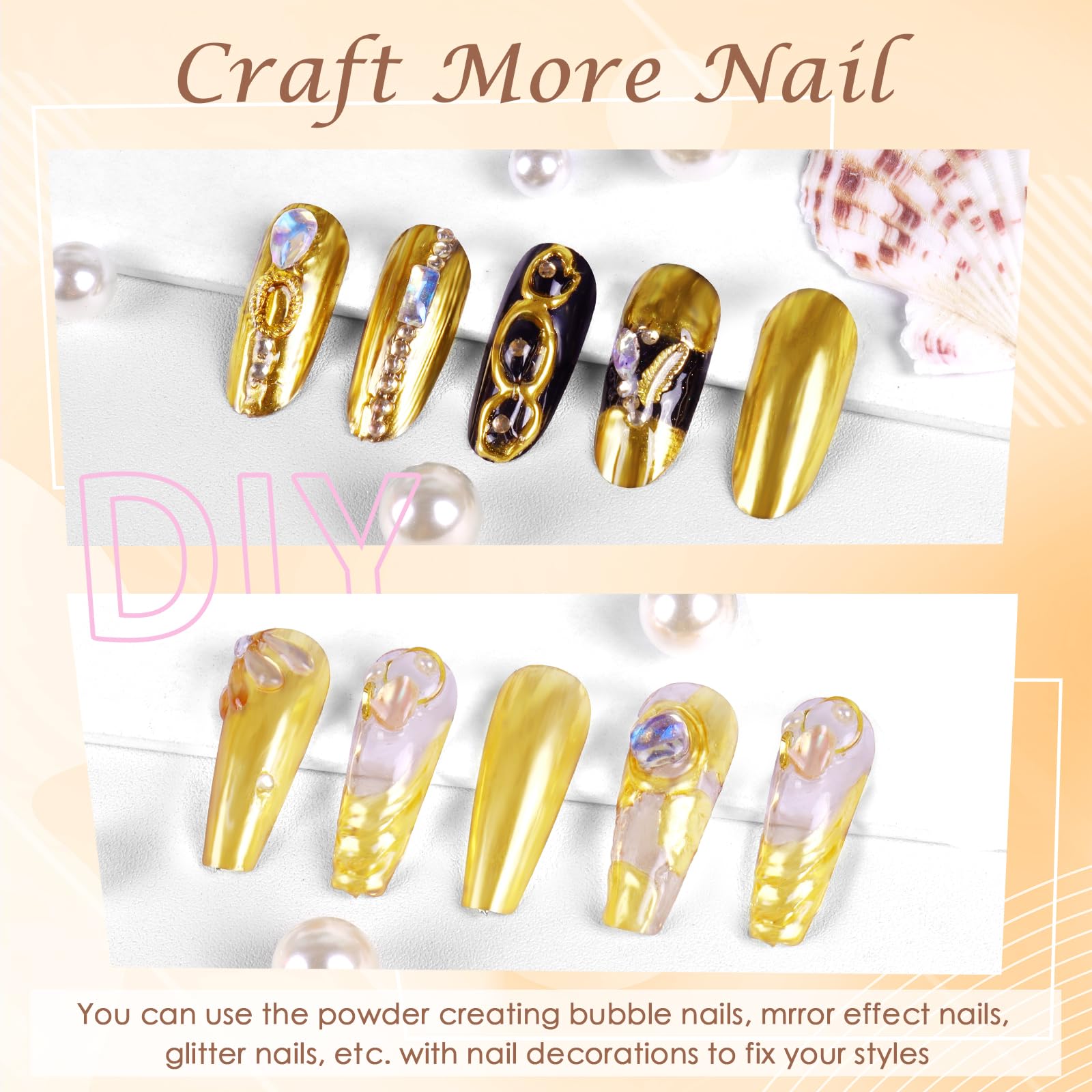 Polvo cromo Laza para arte de uñas, brillo dorado