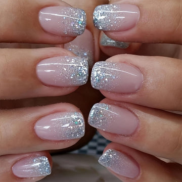 LBPEPAMZ Uñas Francesas Glitter Plata Nude Rosa, tono suave para diario.