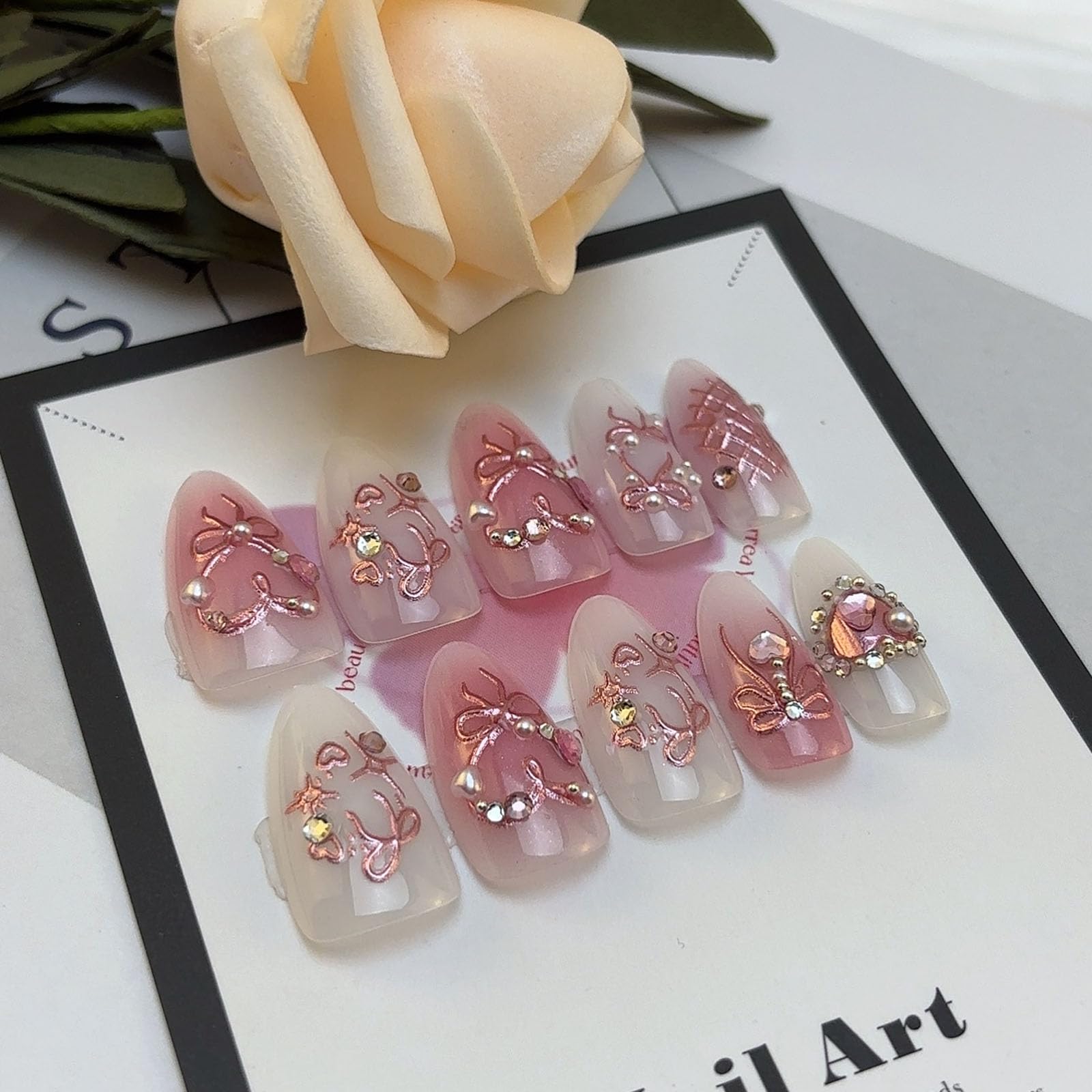 LBPEPAMZ uñas rosas con perlas y pedrería para brillo sofisticado