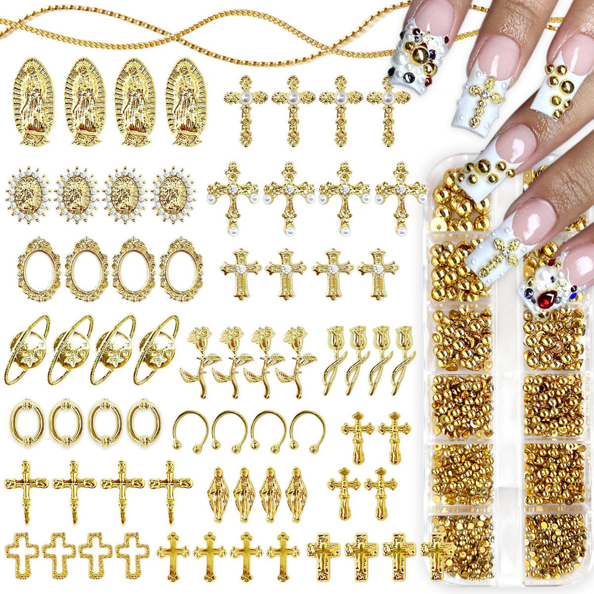 LCiclly adorno uña cruz 3D dorado para un look elegante.