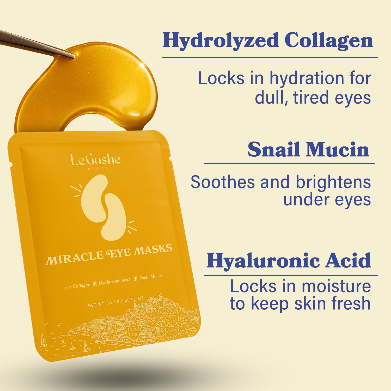 LE GUSHE Gold Under Eye Patches provide long-lasting hydration for dry under-eyes.