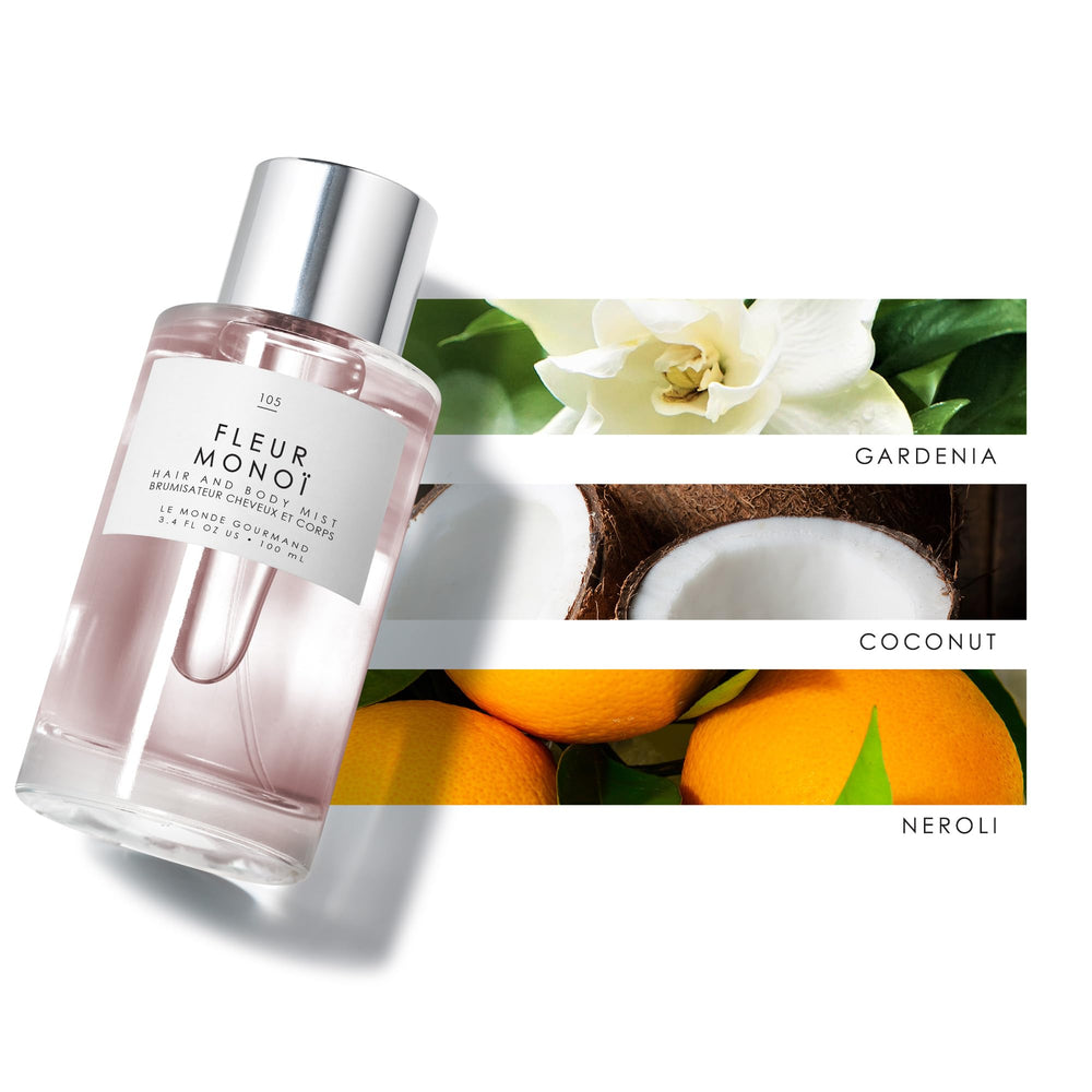 Le Monde Gourmand Fleur Monoï aplicación en cabello para aroma ligero.