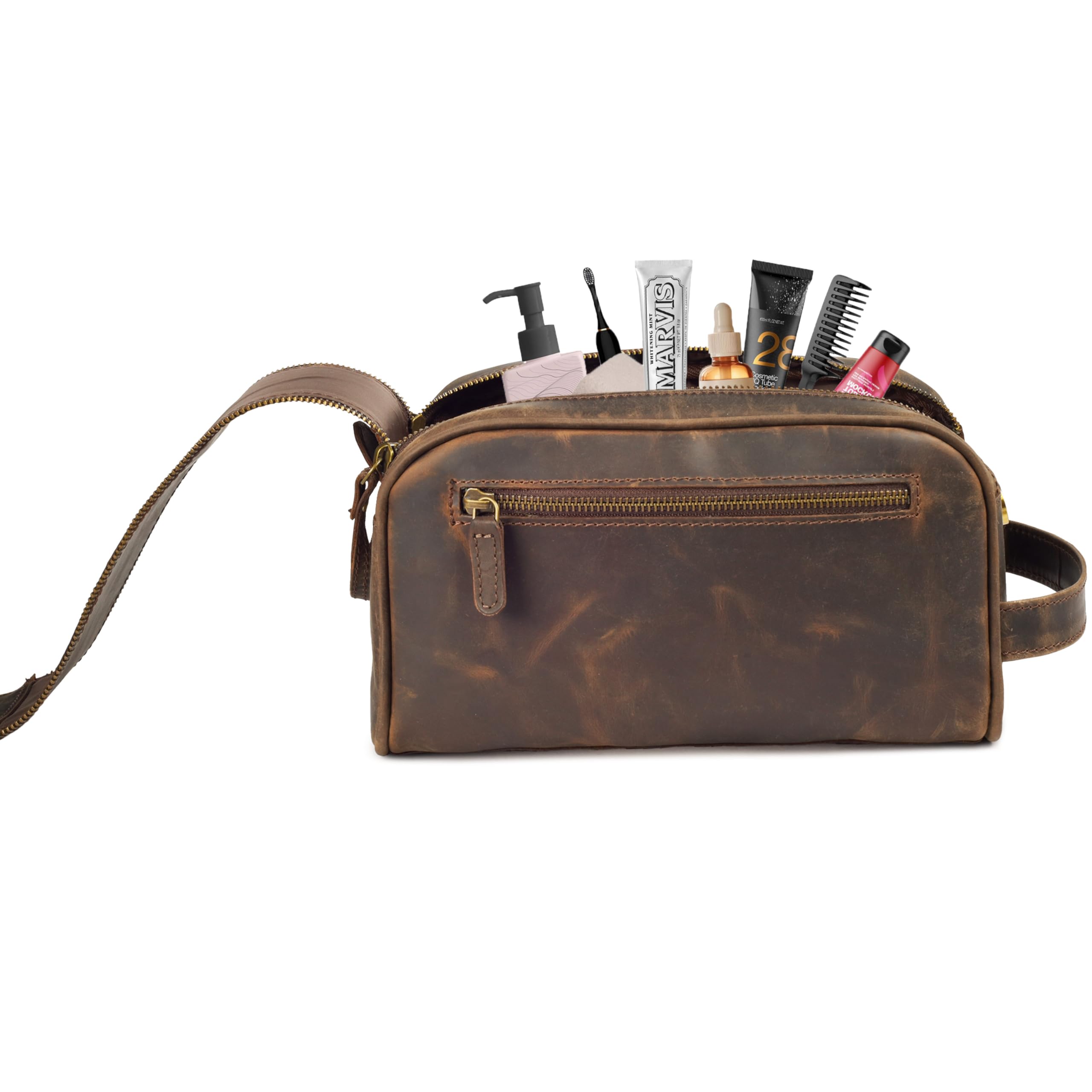 Format compact Leather Village 10x6x6 pouces conçu pour le voyage.