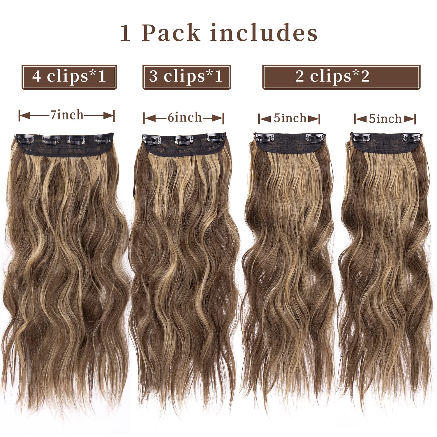 LEEONS extensiones con broches, 20 pulgadas ondulado, fijación segura para uso cotidiano.