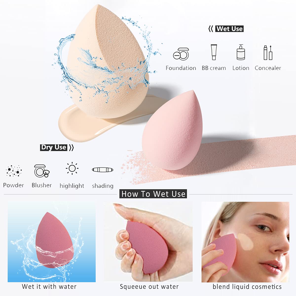Esponjas Leeshine con 3 formas para cobertura precisa del rostro.