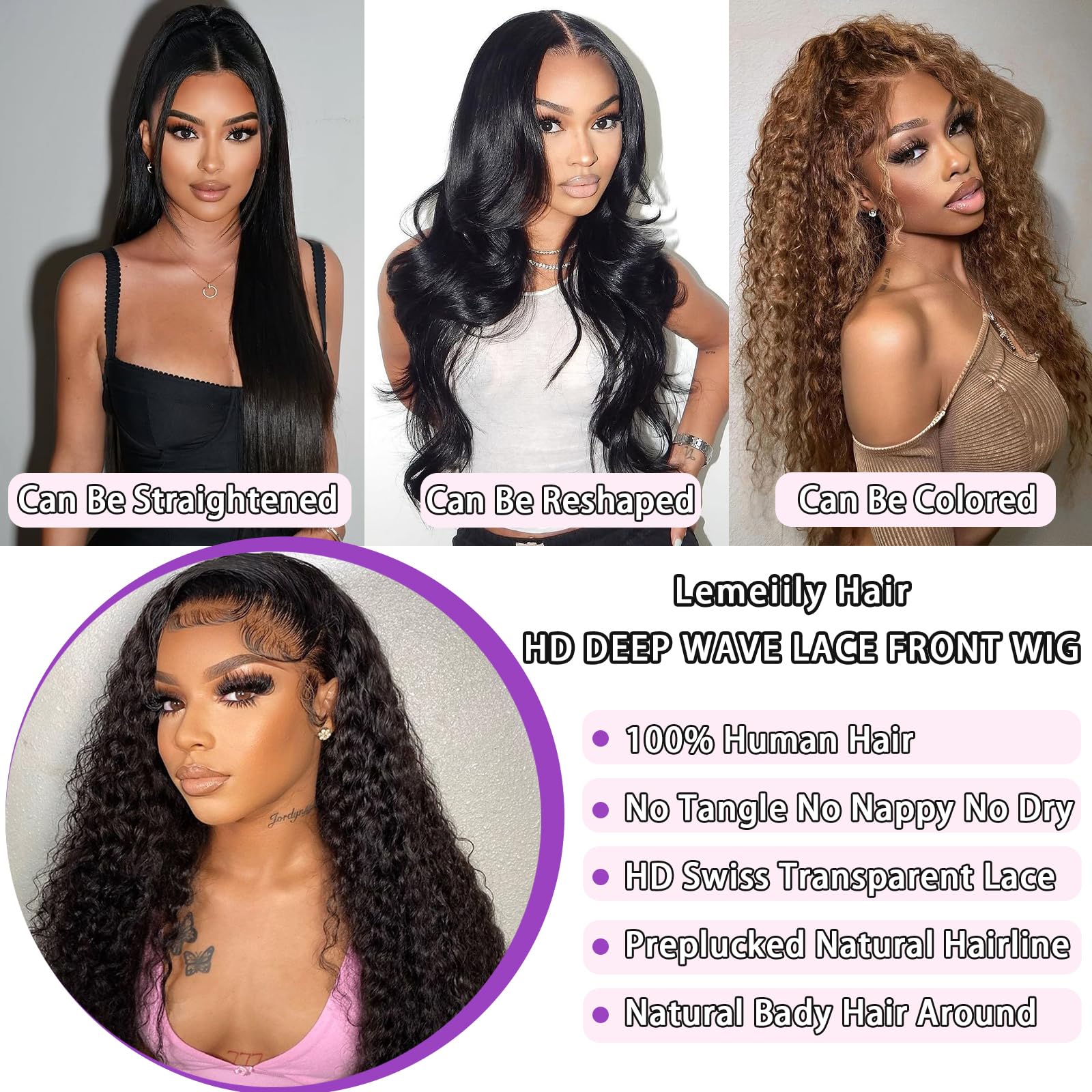 Lemeiily deep wave wig demonstrating full density and silky texture.