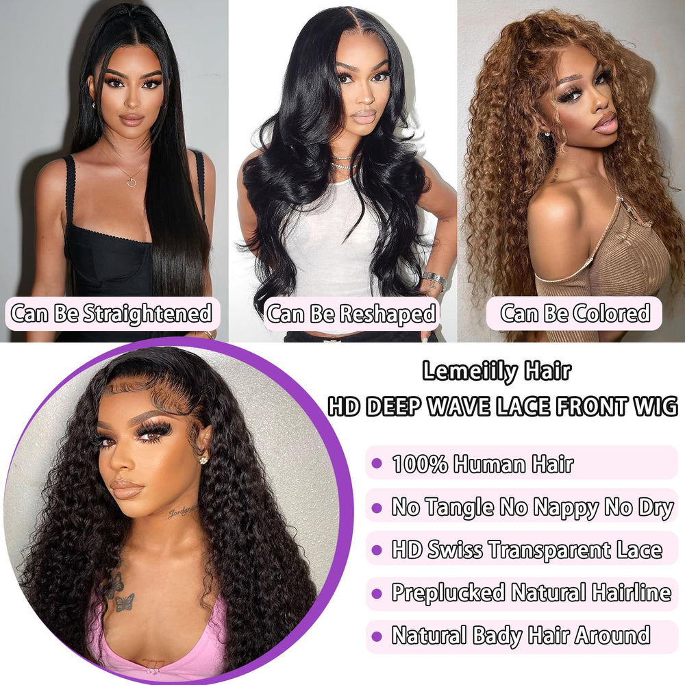 Lemeiily deep wave wig demonstrating full density and silky texture.