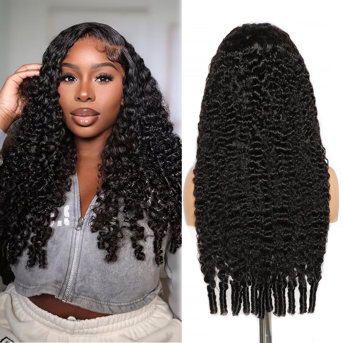 Peluca frontal Lemoda 13x6 con encaje completo, cabello birmano curly, aspecto natural.