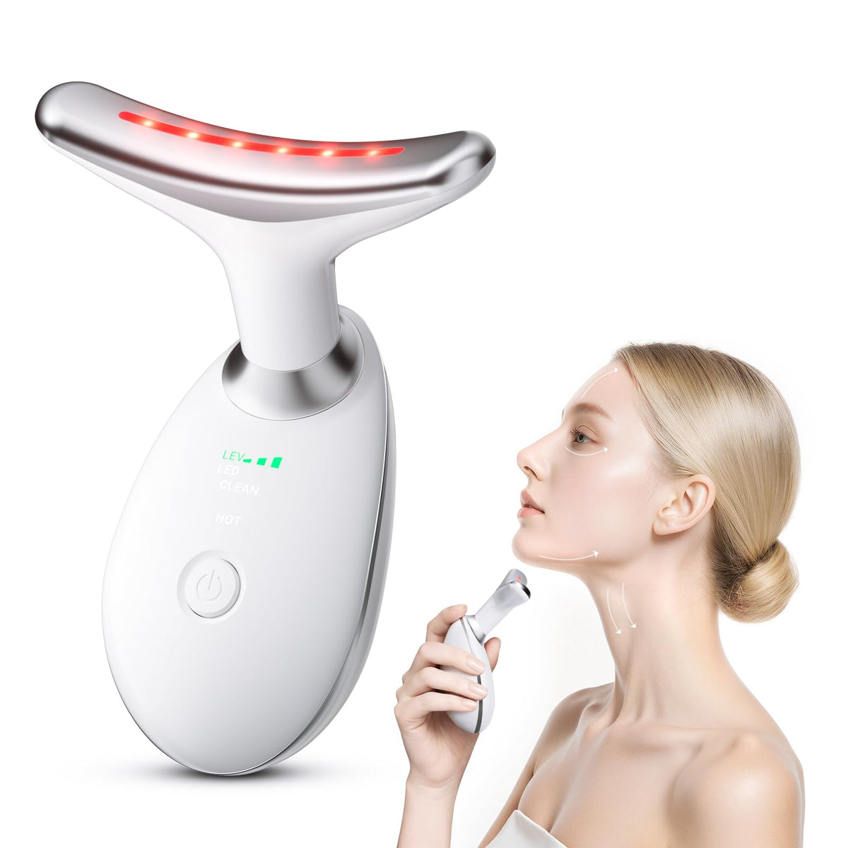 Dispositivo Lepohi para cuello y rostro, enfoque en firmeza suave y contornos definidos.