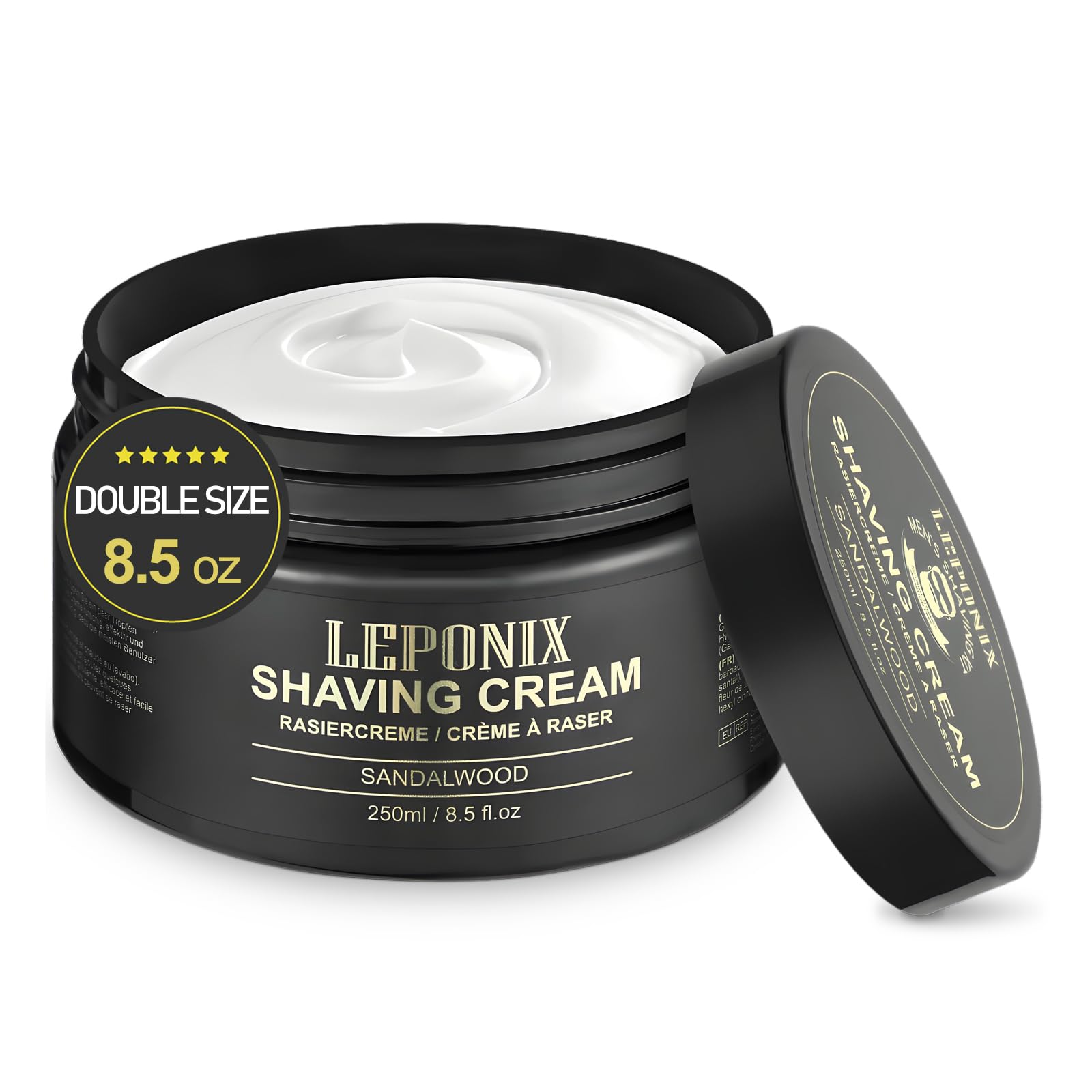 La crema de afeitar Leponix 8-5oz en envase ofrece deslizamiento suave para un rasurado cómodo.