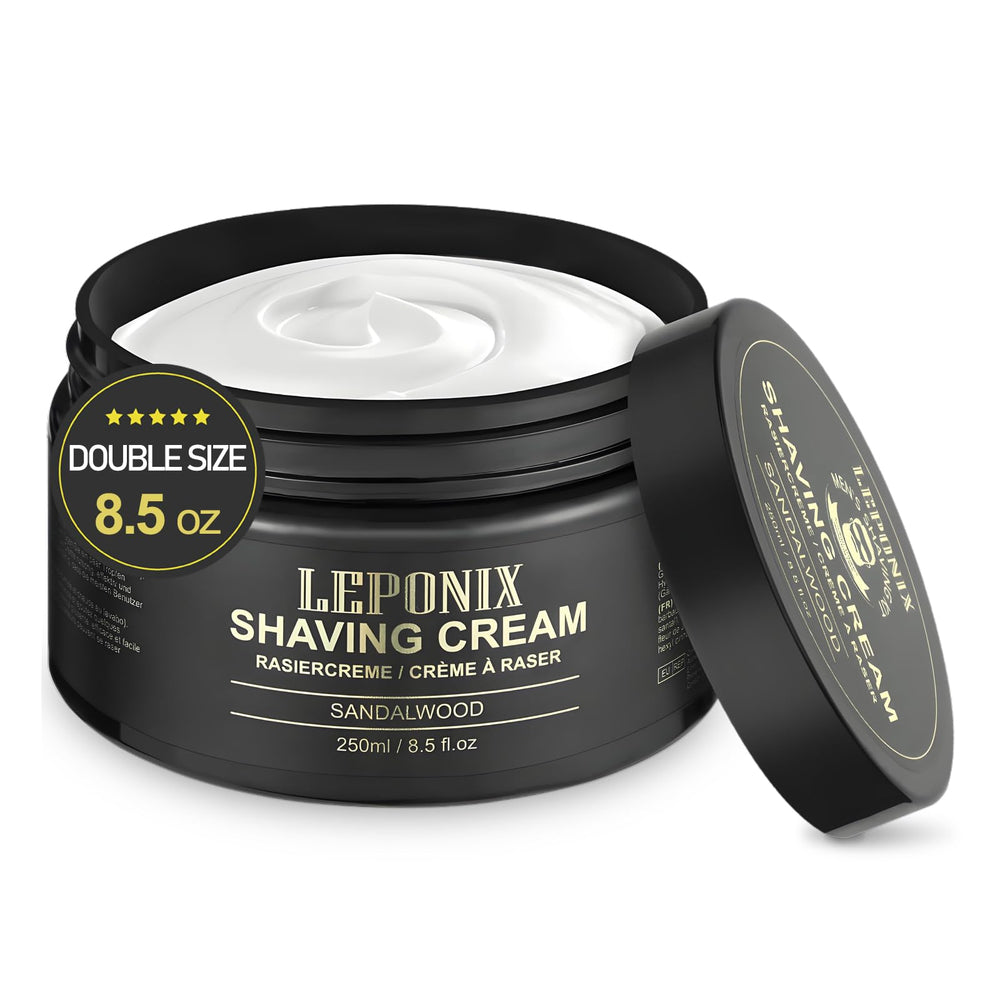 La crema de afeitar Leponix 8-5oz en envase ofrece deslizamiento suave para un rasurado cómodo.