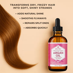 Aplicación de Leven Rose Argán en cabello para brillo y suavidad.